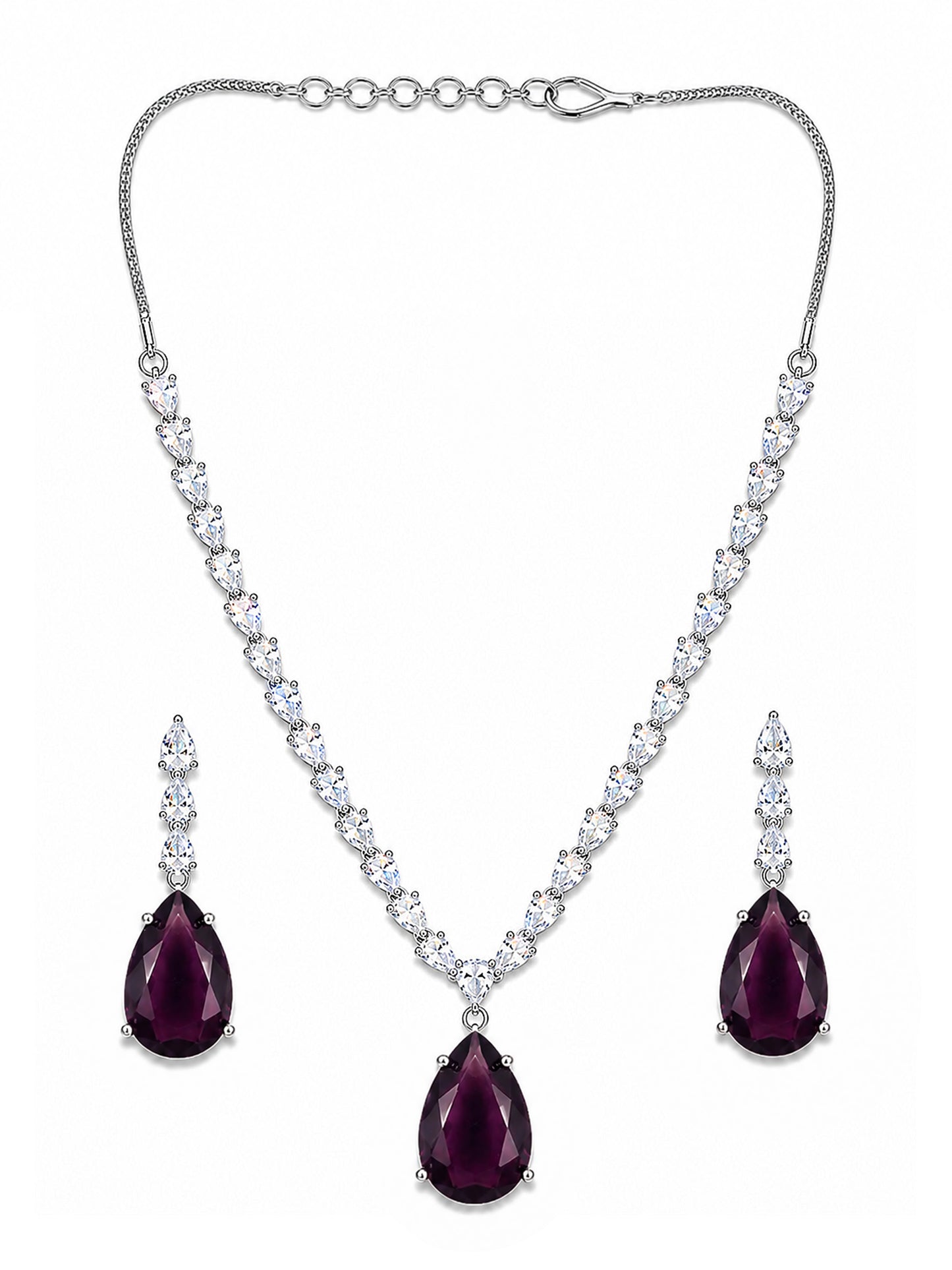 Silver Plated Purple Teardrop AD Jewellery Set for Women