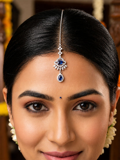 Silver Plated Blue AD Maang Tikka for Women