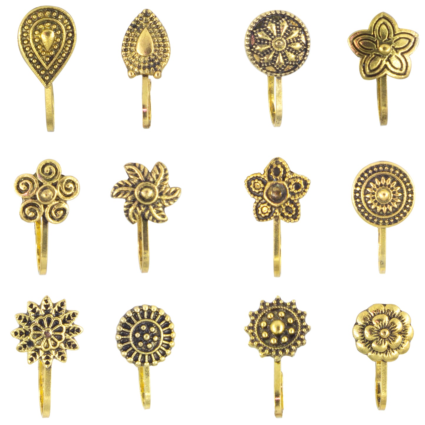 Set of 12 Gold-Plated Floral Non-Piercing Nosepins
