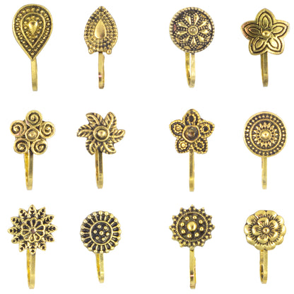 Set of 12 Gold-Plated Floral Non-Piercing Nosepins