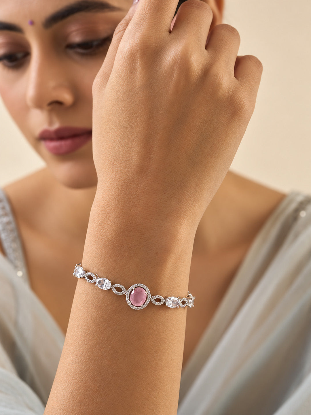 Silver Plated Pink AD Adjustable Bracelet for Women
