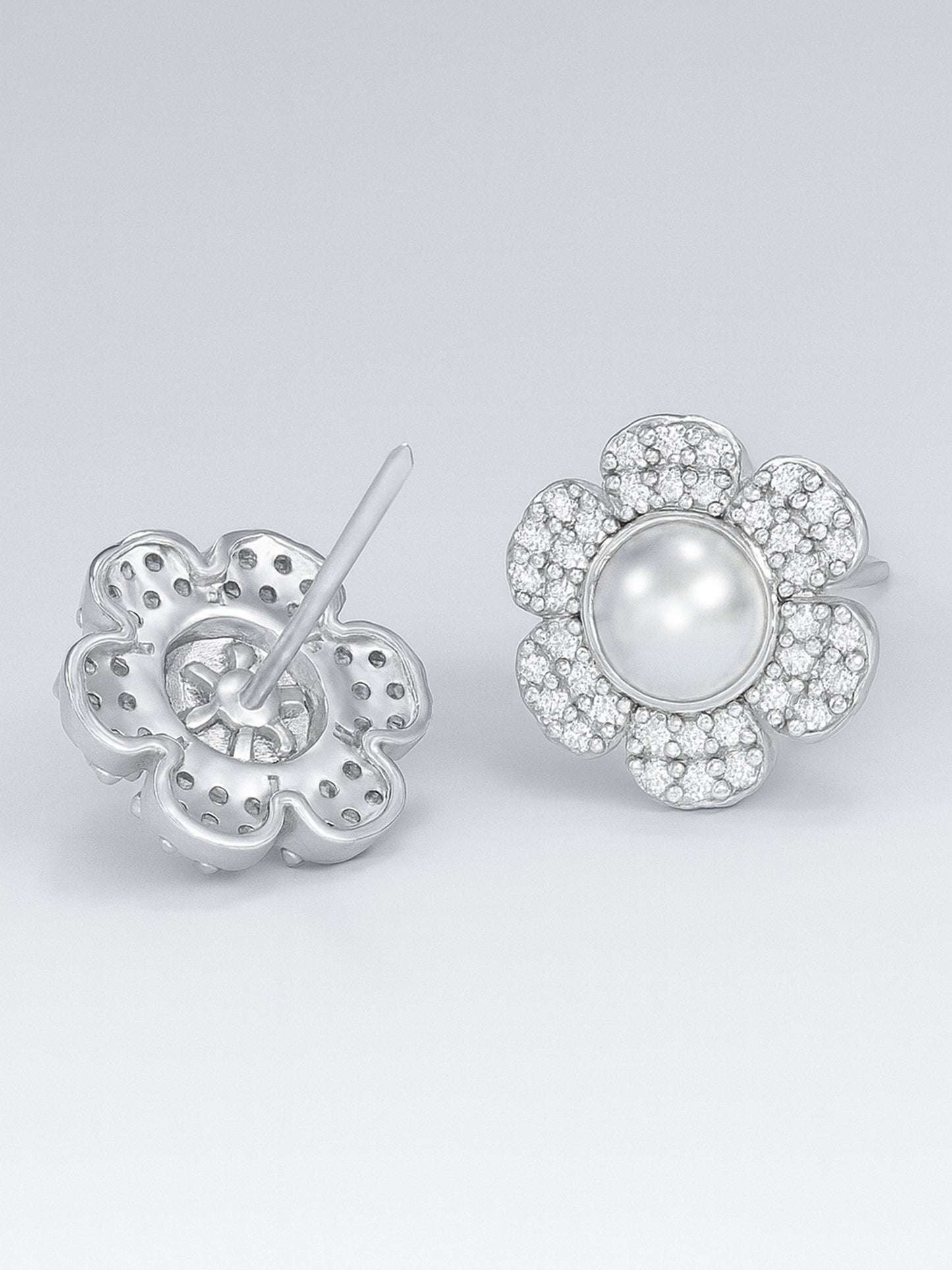 Silver Plated American Diamond Pearl Studded Stud Earrings for Women