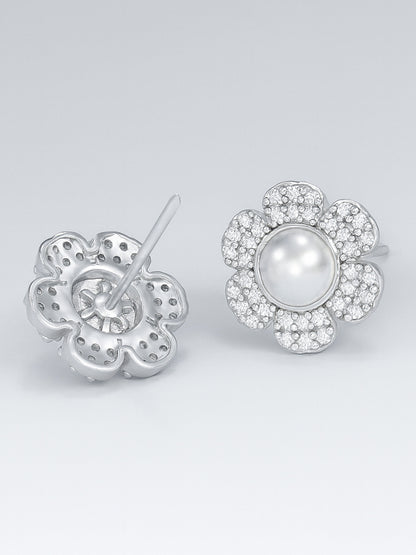Silver Plated American Diamond Pearl Studded Stud Earrings for Women