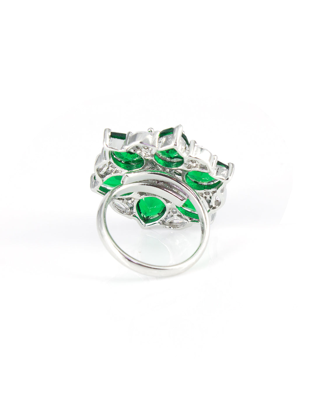 Silver Plated Green Floral AD Adjustable Ring For Women