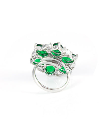 Silver Plated Green Floral AD Adjustable Ring For Women
