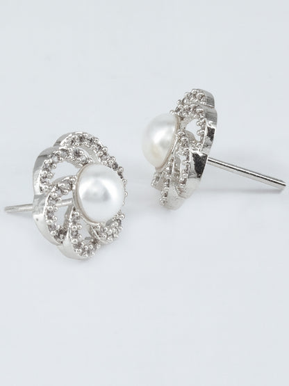 Rhodium Plated AD & Pearl Floral Designer Stud Earrings for Women