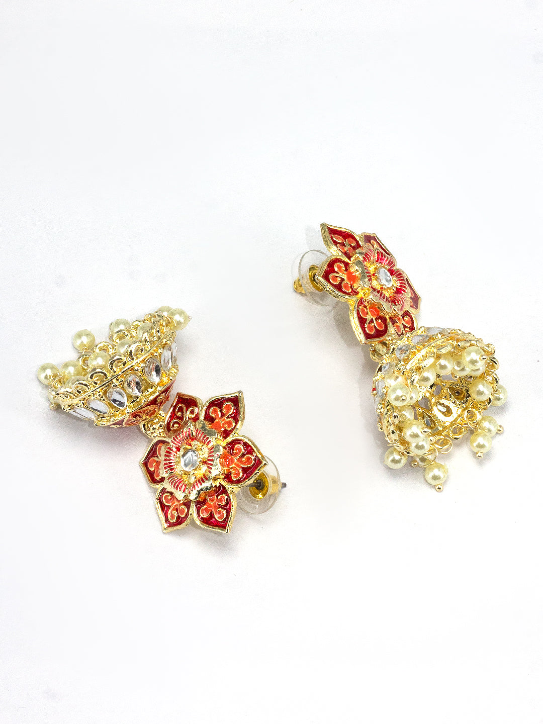 Red Floral Beads Drop Jhumka Earrings