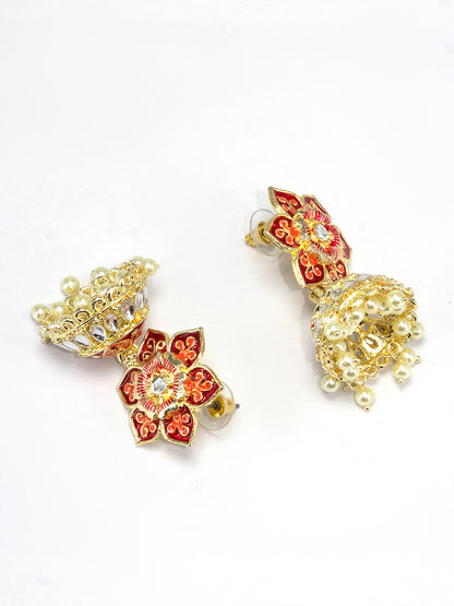 Red Floral Beads Drop Jhumka Earrings