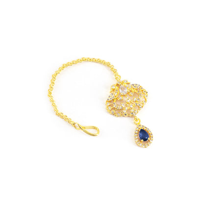 Gold Plated Blue AD Peacock Maang Tikka for Women