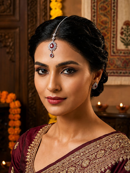 Silver Plated Red AD Maang Tikka for Women