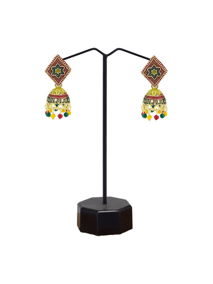 Gold Plated Floral Rhombus Multi Color Artificial Beaded Jhumki Earrings