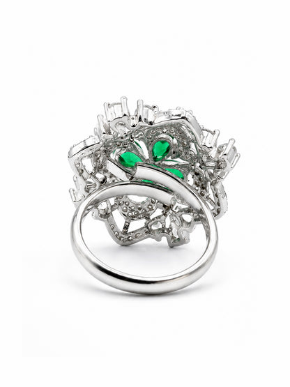 Rhodium Plated Green AD Floral Finger Ring for Women