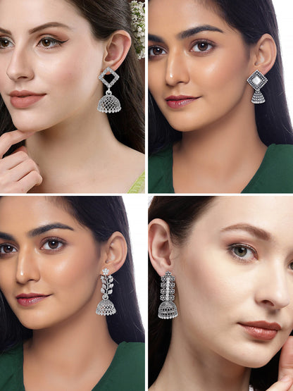 Set of 4 Silver Oxidised Jhumka Earrings for Women