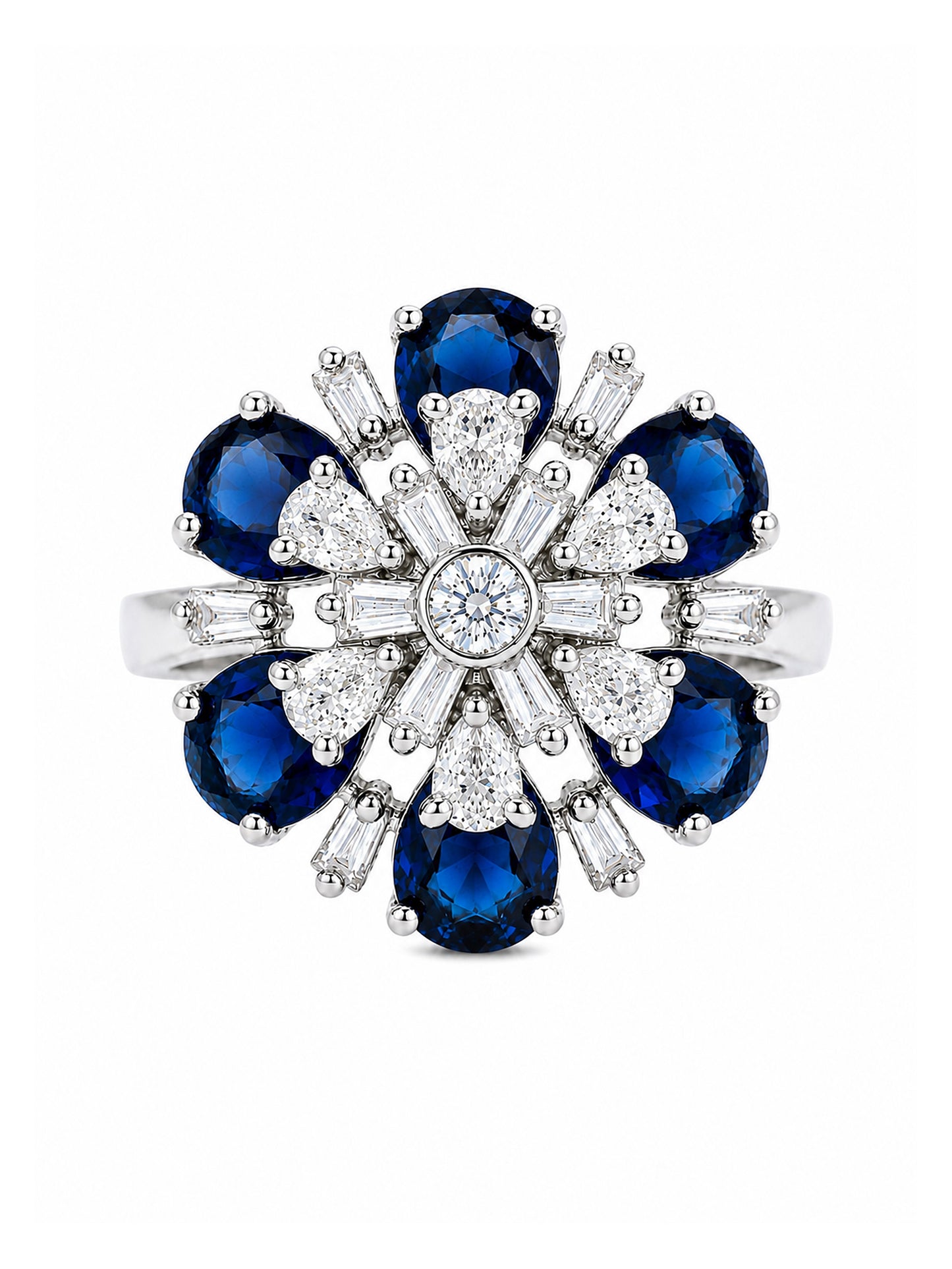 Silver Plated Blue AD Floral Finger Ring for Women
