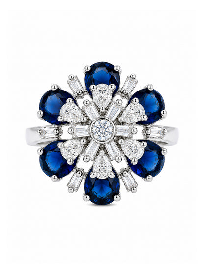 Silver Plated Blue AD Floral Finger Ring for Women