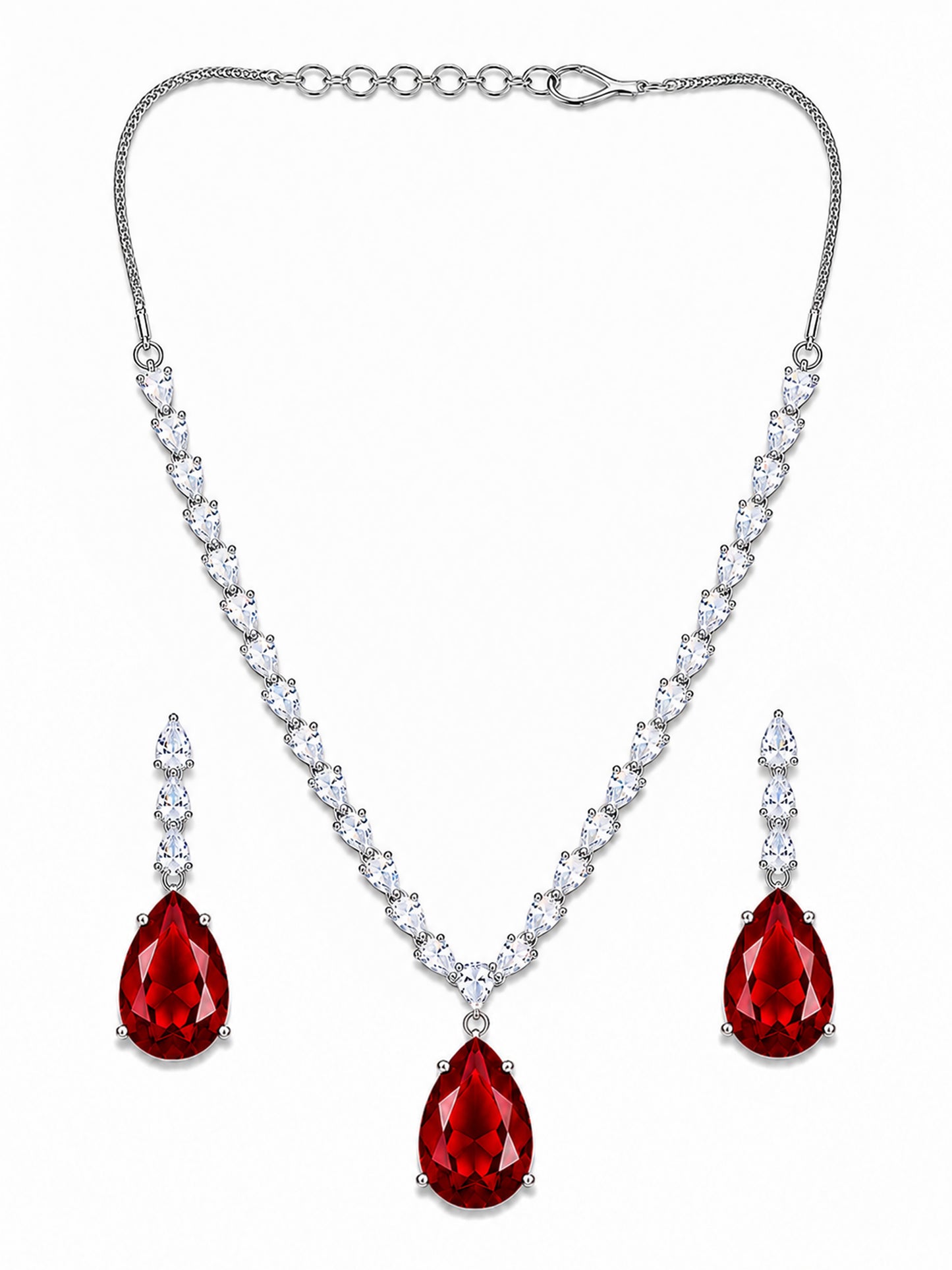Silver Plated Red Teardrop AD Jewellery Set for Women