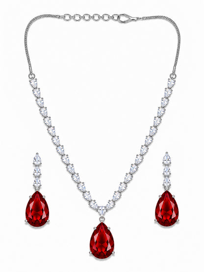 Silver Plated Red Teardrop AD Jewellery Set for Women