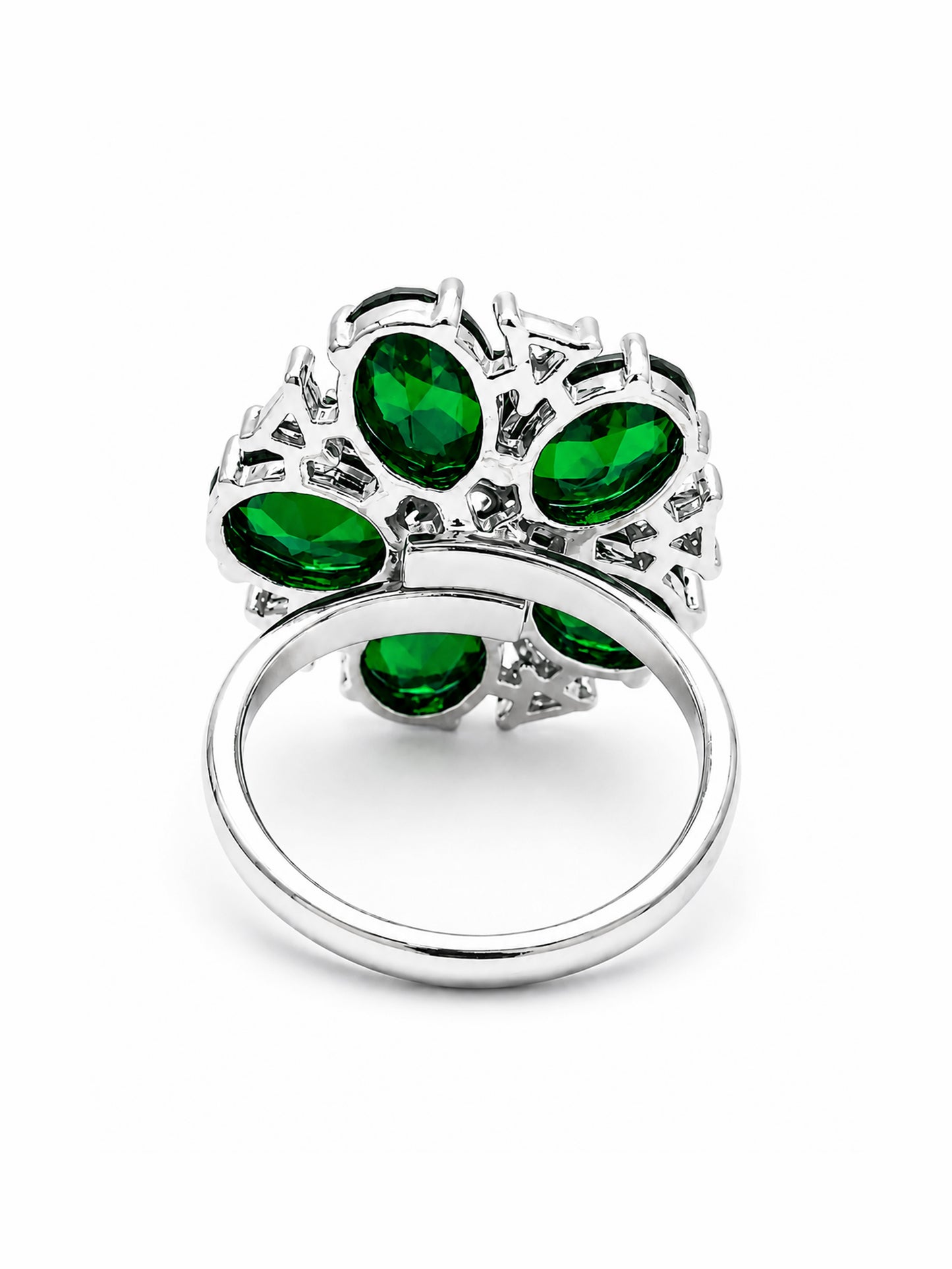 Rhodium Plated Green AD Floral Finger Ring for Women