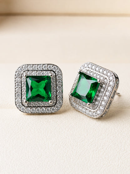 Silver Plated Green AD Stud Earrings for Women
