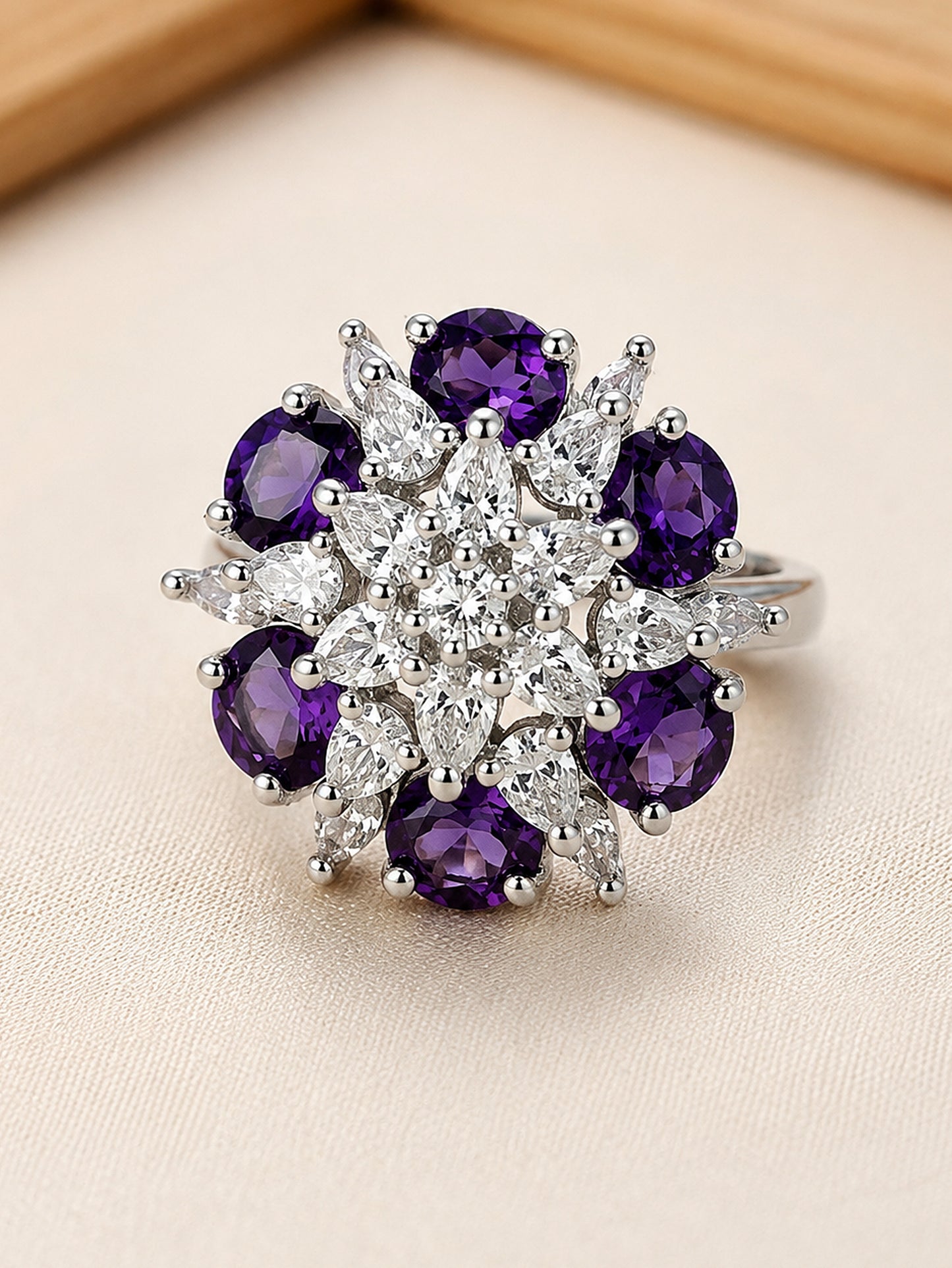 Rhodium Plated Purple AD Floral Finger Ring for Women