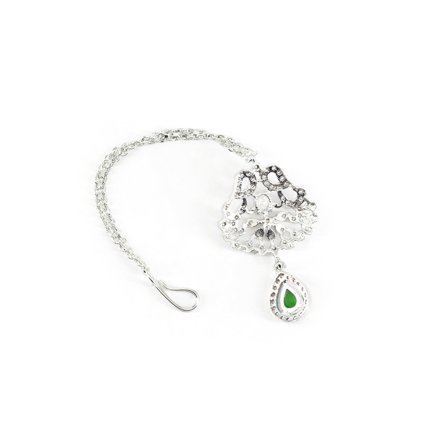Silver Plated Green AD Maang Tikka for Women