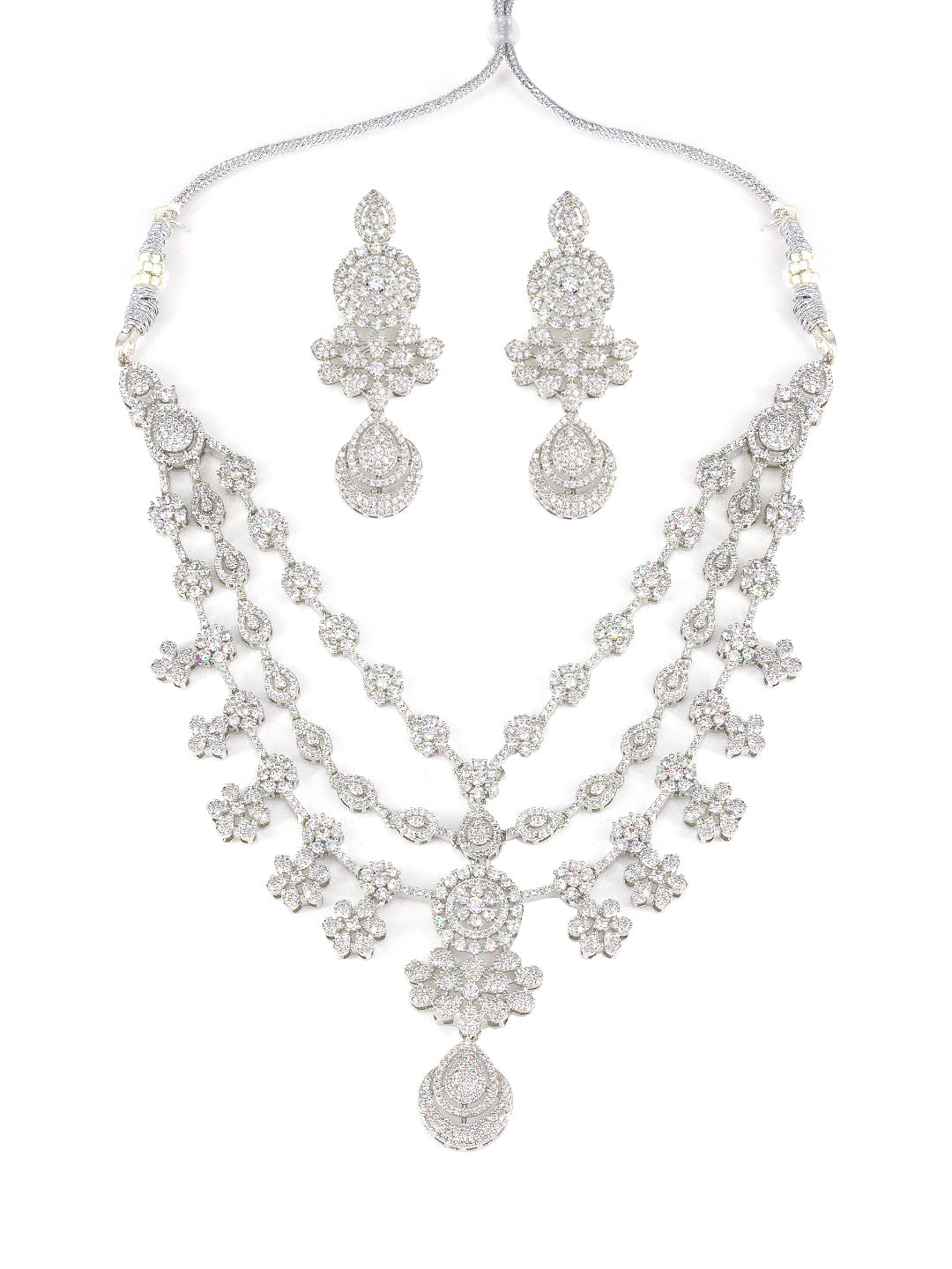 Silver Plated 3 Layer Cocktail AD Designer Jewellery Set
