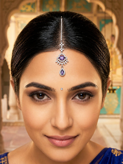 Silver Plated Purple AD Maang Tikka for Women