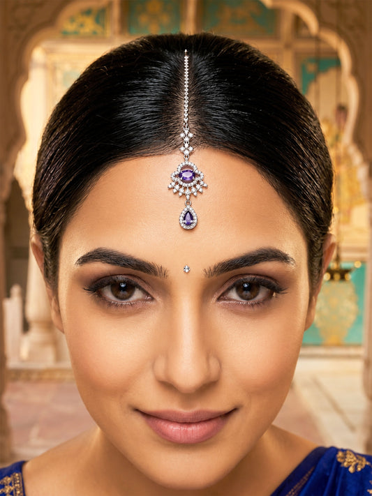 Silver Plated Purple AD Maang Tikka for Women