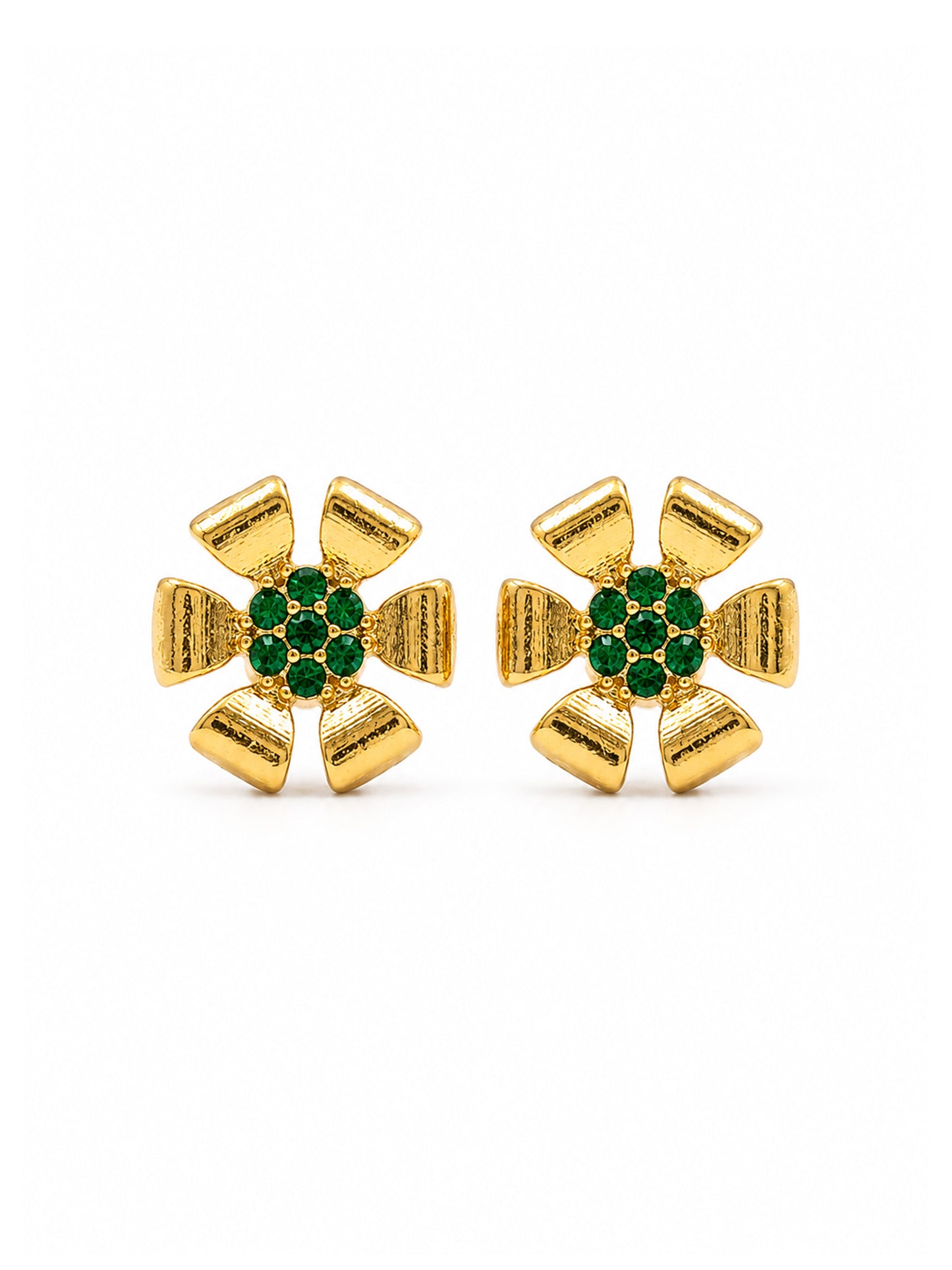Gold Plated Green AD Floral Stud Earrings for Women