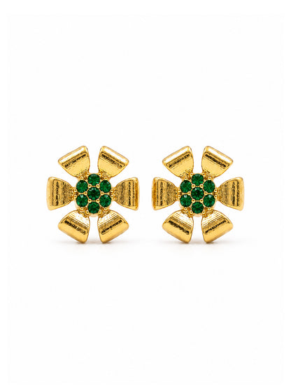 Gold Plated Green AD Floral Stud Earrings for Women