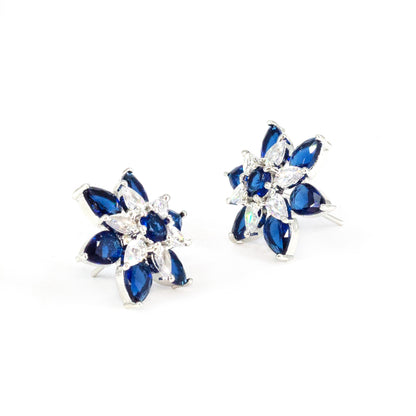 Rhodium Plated Blue AD Floral Stud Earrings for Women