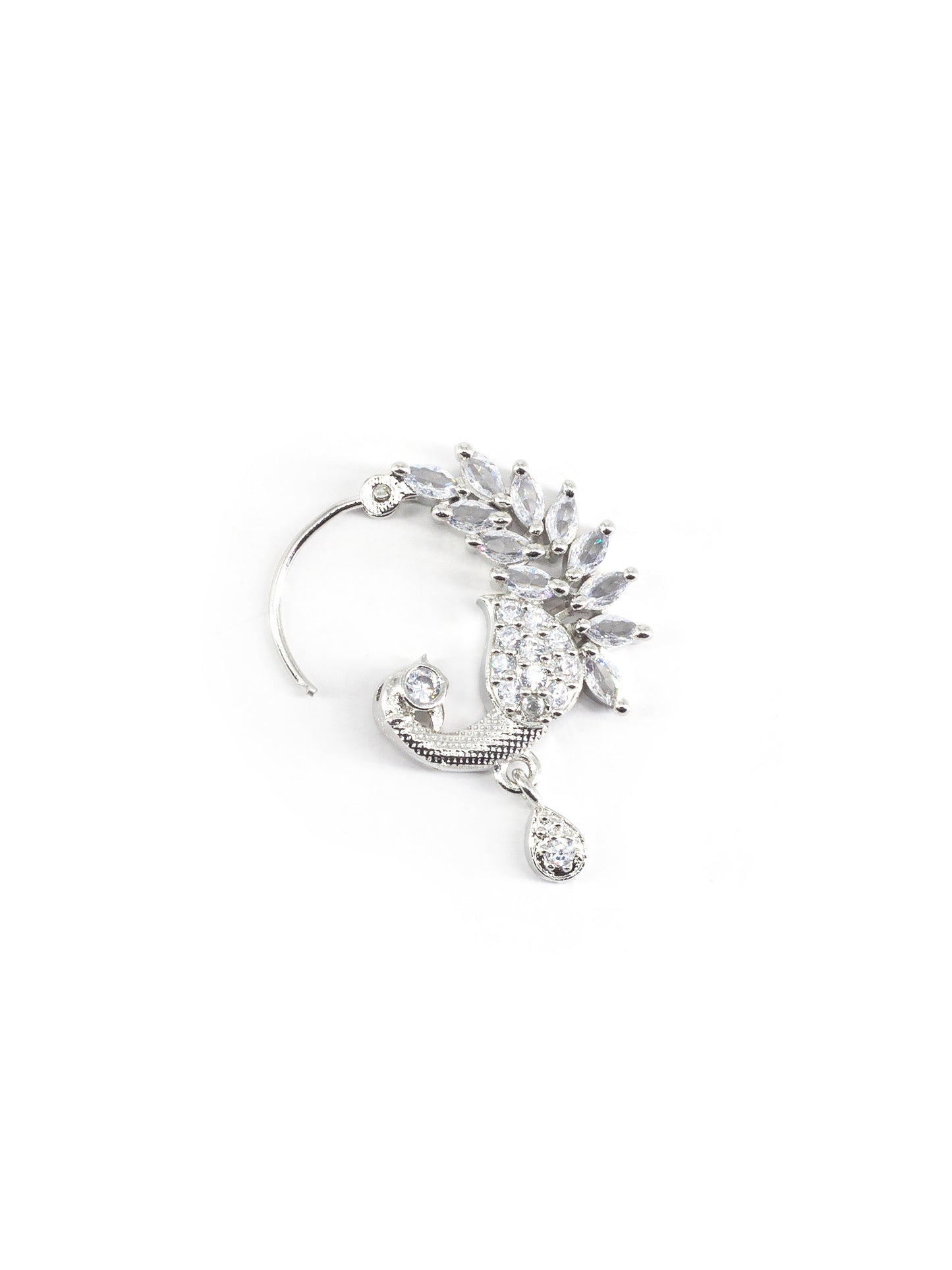 Silver Plated White AD Peacock Nose Ring for Women