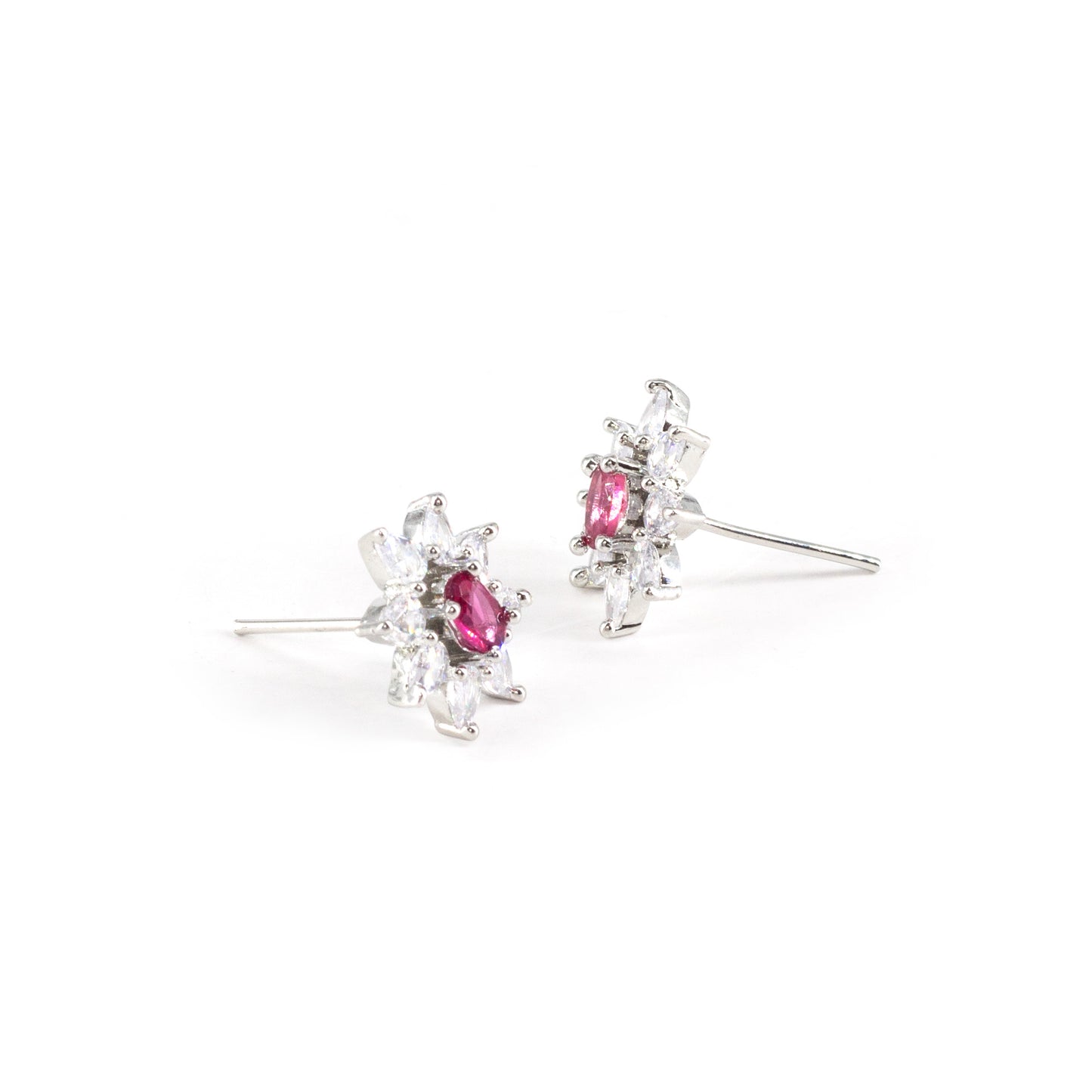 Rhodium Plated Red AD Floral Studs for Women