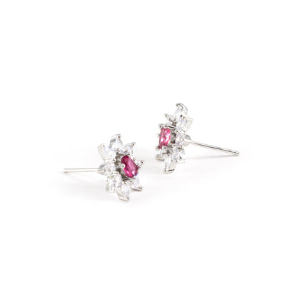 Rhodium Plated Red AD Floral Studs for Women