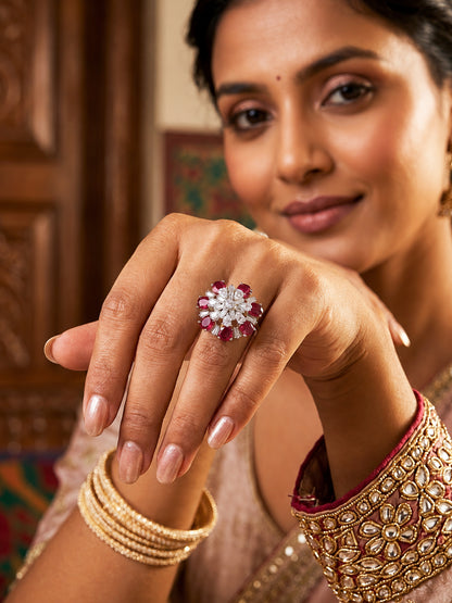 Silver Plated Red AD Floral Finger Ring for Women