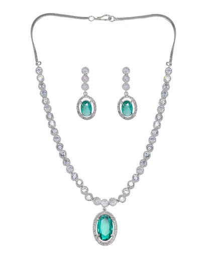 Rhodium Plated Green Oval Shaped American Diamond Jewellery Set