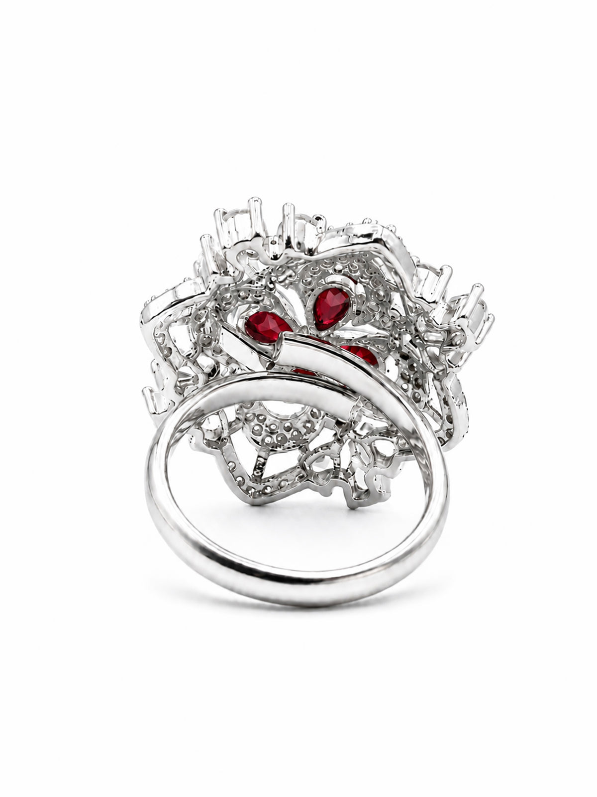 Rhodium Plated Red AD Floral Finger Ring for Women