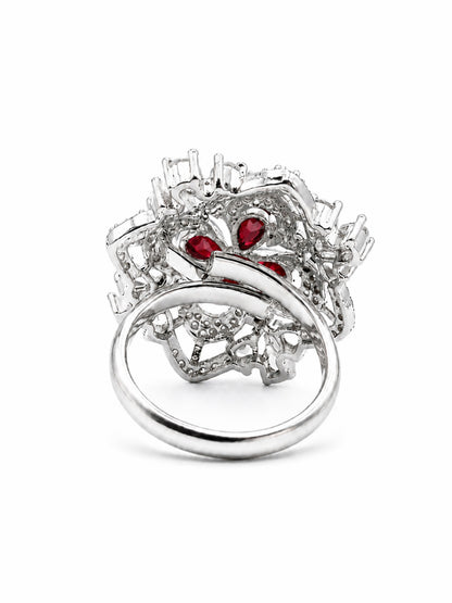 Rhodium Plated Red AD Floral Finger Ring for Women