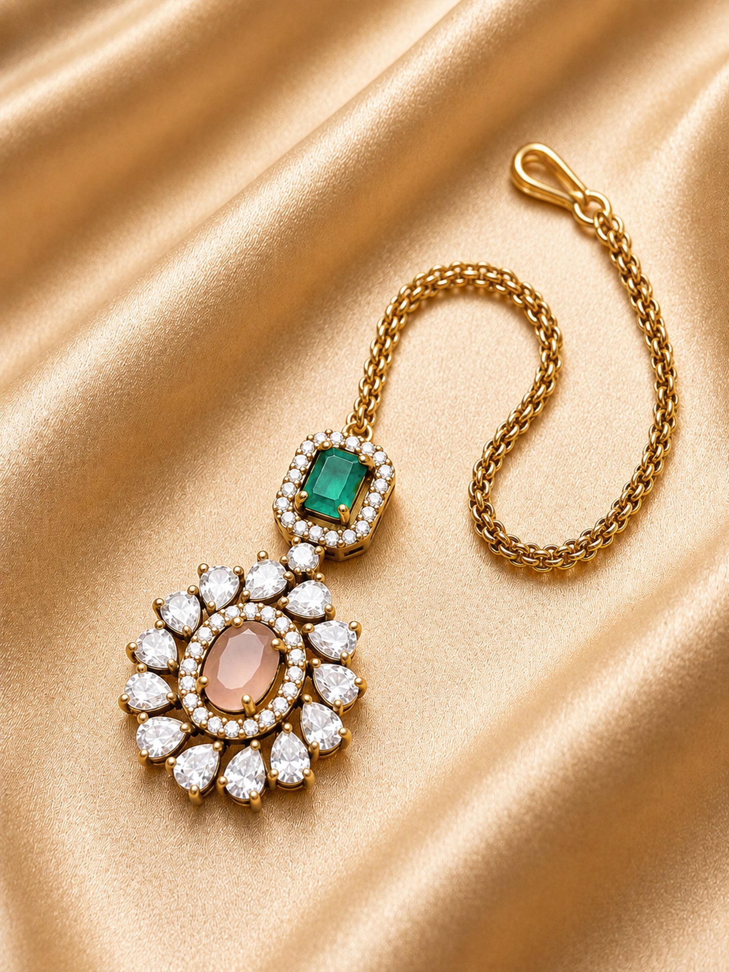 Antique Gold Plated Pink AD Maang Tikka for Women