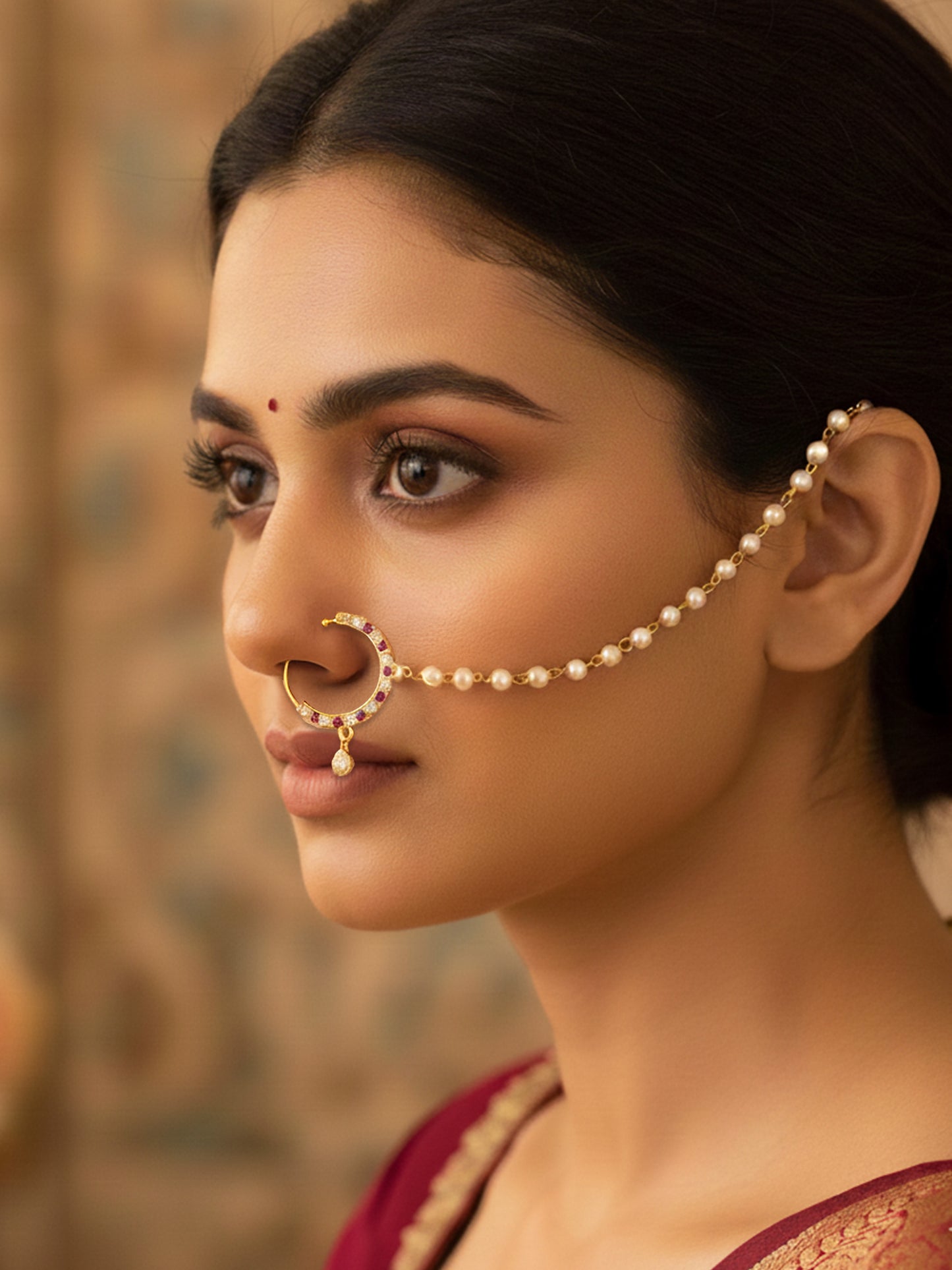 Gold Plated Red & White AD Nose Ring with Pearl Chain