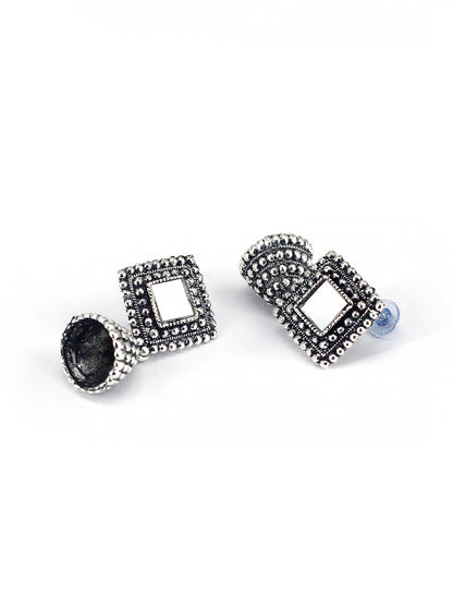Silver Oxidized Square Mirror Studded Jhumki Earrings