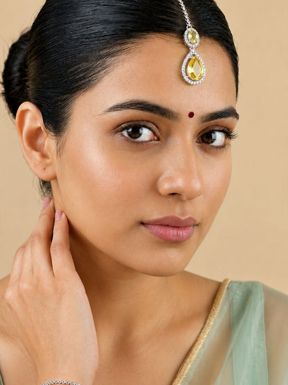Silver Plated Yellow AD Maang Tikka for Women