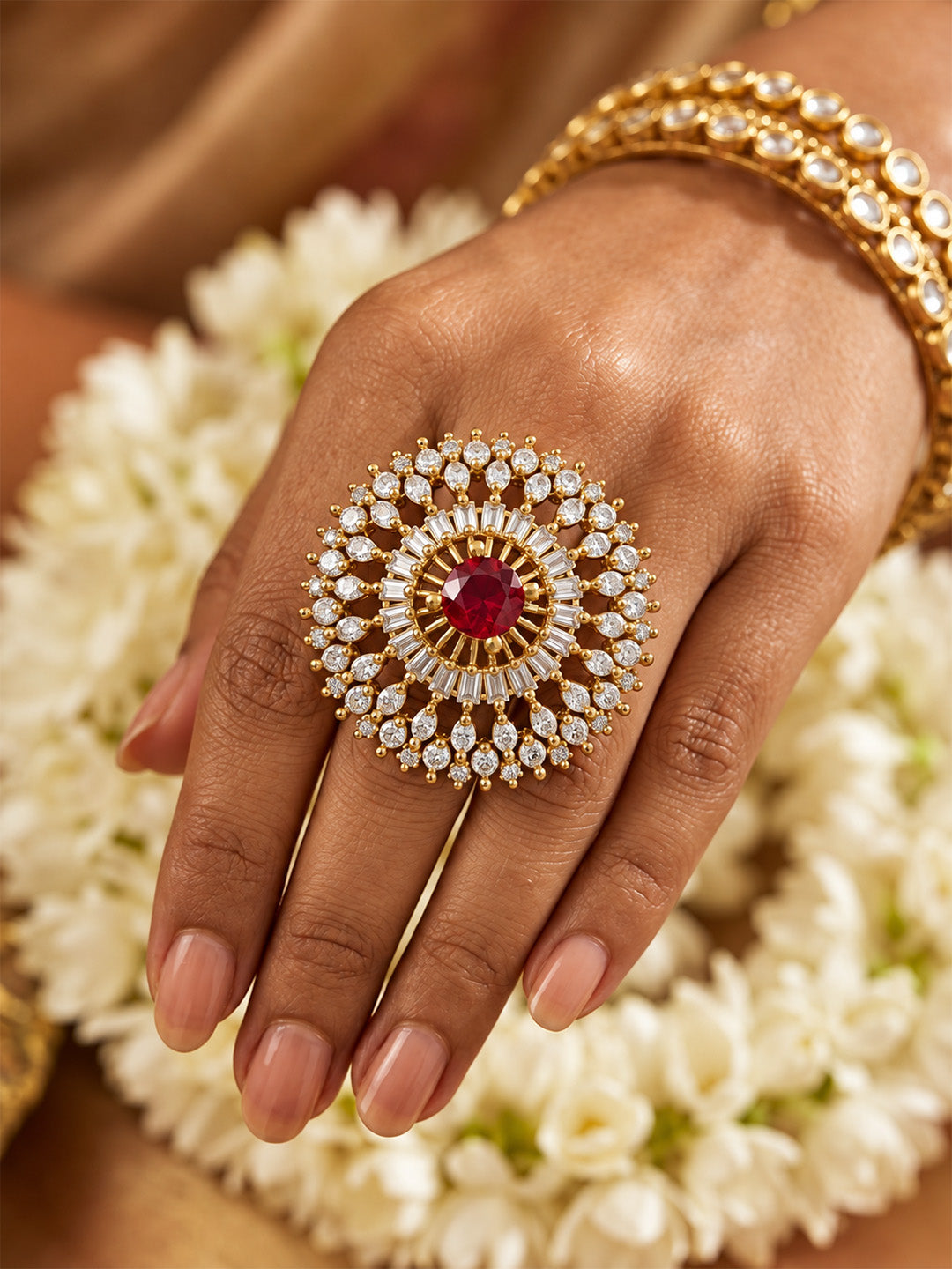 Antique Gold Plated Red AD Finger Ring for Women