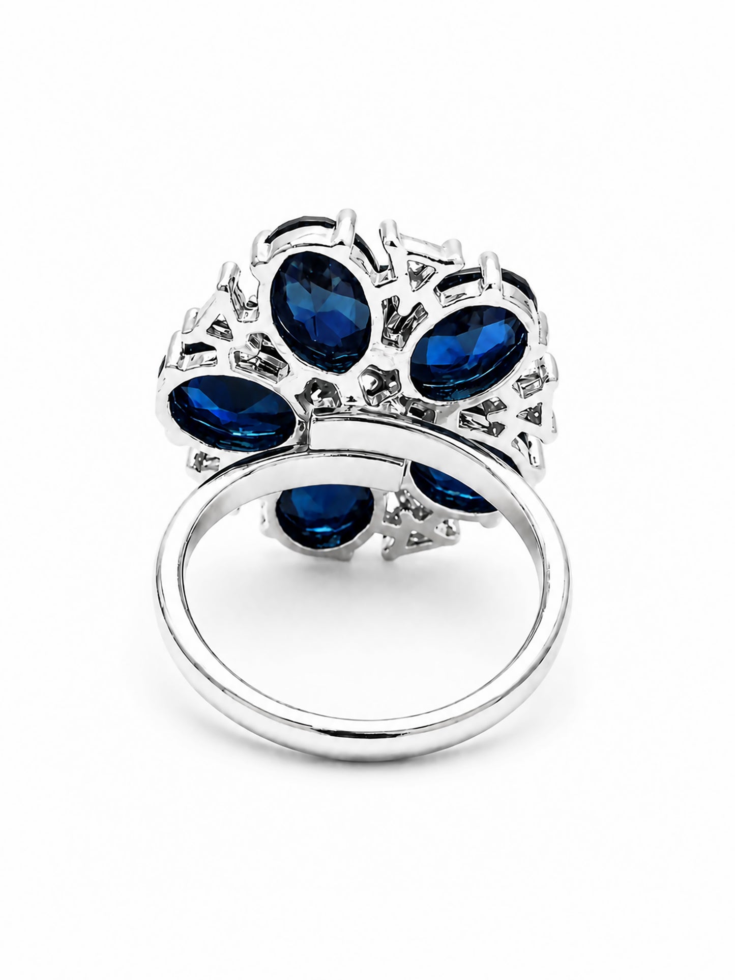 Rhodium Plated Blue AD Floral Finger Ring for Women