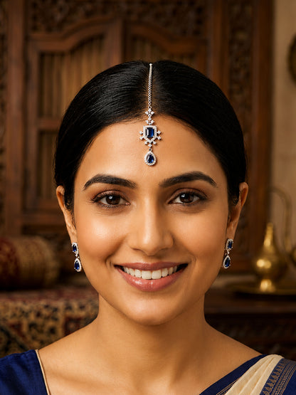 Silver Plated Blue AD Maang Tikka for Women
