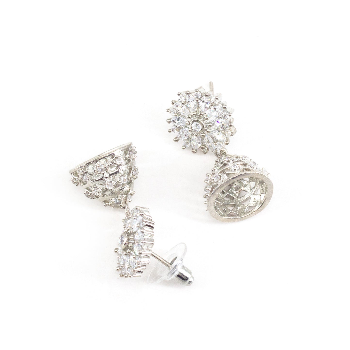 Silver Plated American Diamond Floral Jhumka Earrings for Women