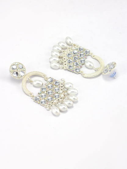 Silver Plated White Artificial Beads & Stones Studded Drop Earrings