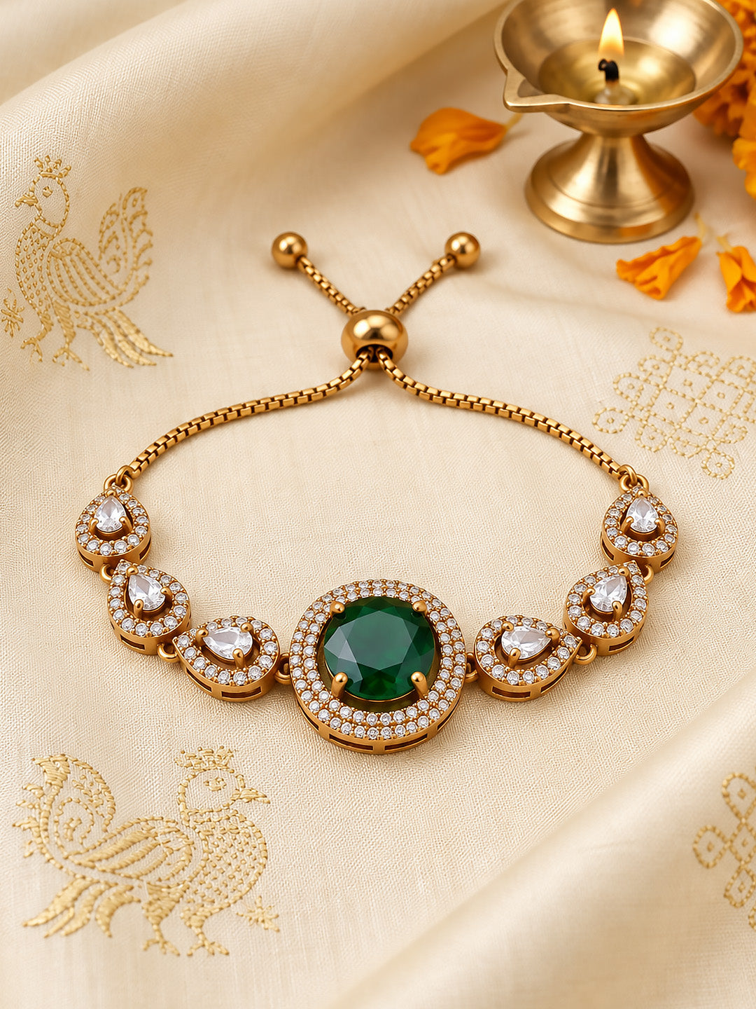 Antique Gold Plated Green AD Adjustable Bracelet for Women