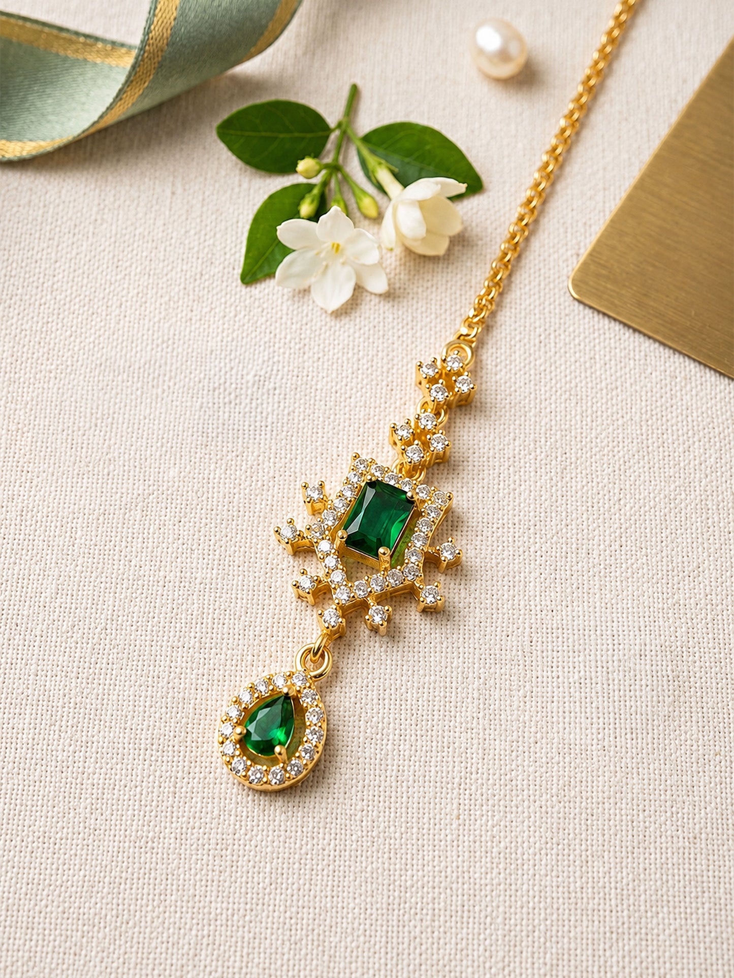 Gold Plated Green AD Maang Tikka for Women