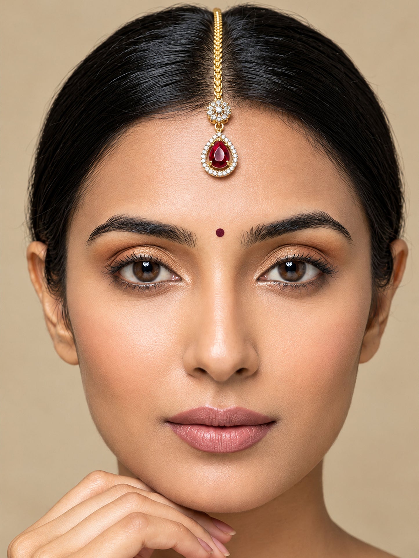 Gold Plated Red AD Maang Tikka for Women